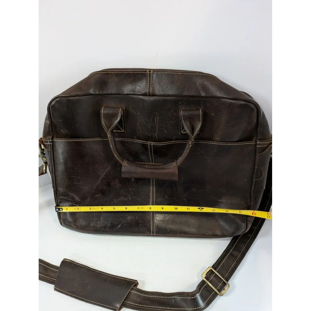 Mens Dark Brown Distressed Leather Briefcase Messenger Laptop Bag Brass Hardware